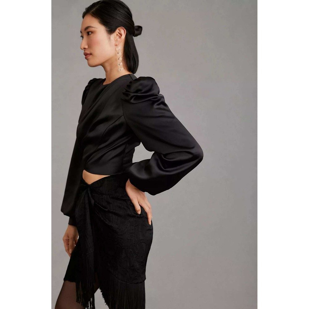 Anthropologie x Mare Mare Satin Puff-Sleeve Top Black Blouse Size M